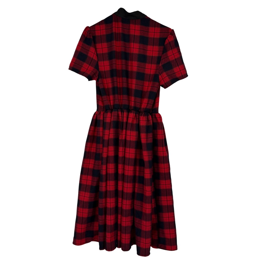 Unique Vintage Red Black Plaid Tie Neck Fit Flare Dress 10-12 Retro Rockabilly - Picture 2 of 5